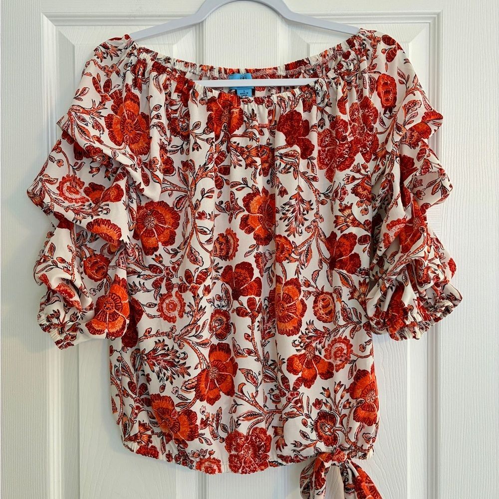 CeCe Top Small Orange Floral Off Shoulder Boho Puff Sleeve Babydoll Cottagecore